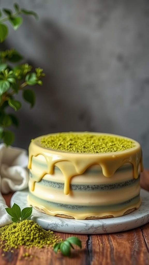 A Matcha Green Tea Layer Cake with a glossy glaze and sprinkled matcha on top, surrounded by green leaves.