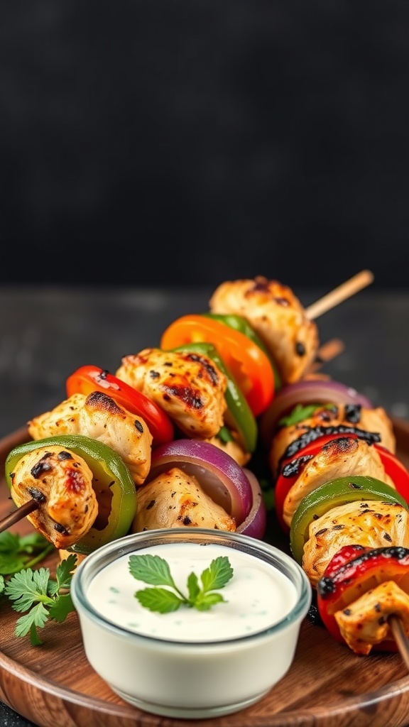 Grilled chicken skewers with colorful bell peppers and onions on a wooden plate, served with a creamy dip.