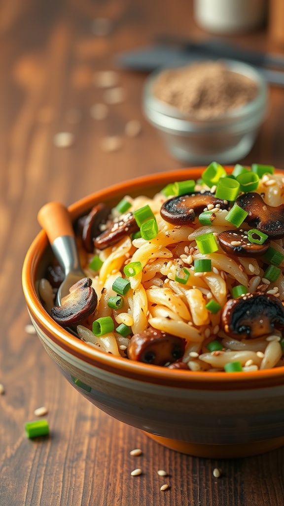 A bowl of mushroom fried rice topped with green onions and sesame seeds