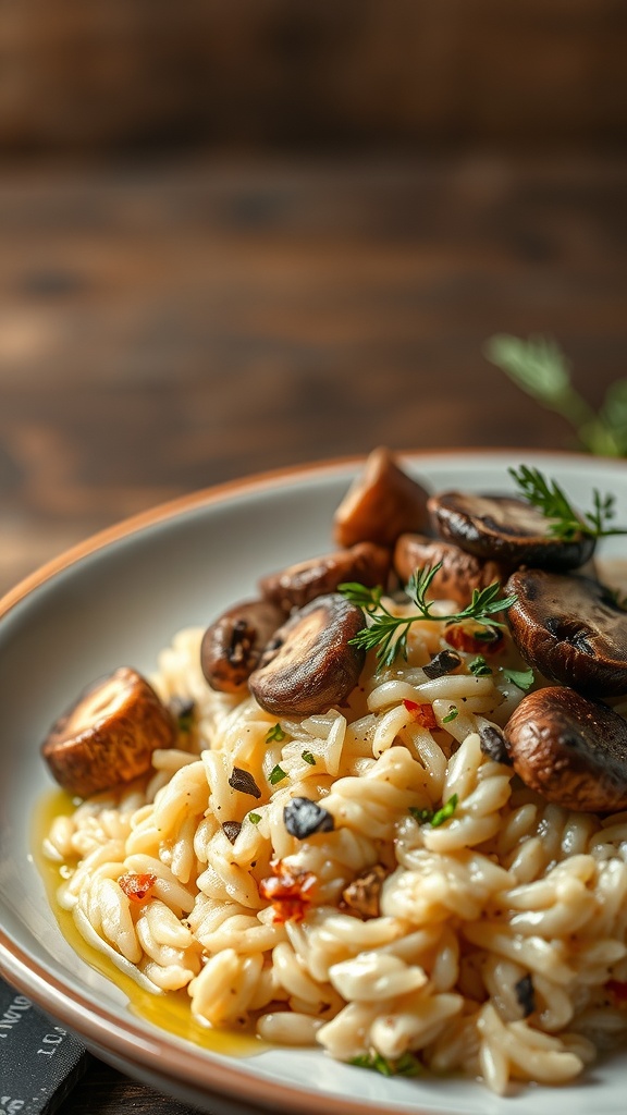 A plate of creamy mushroom risotto topped with sautéed mushrooms and herbs.