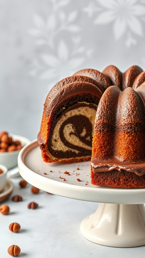 A Nutella Swirl Cake displayed on a white cake stand, showcasing its marbled layers.