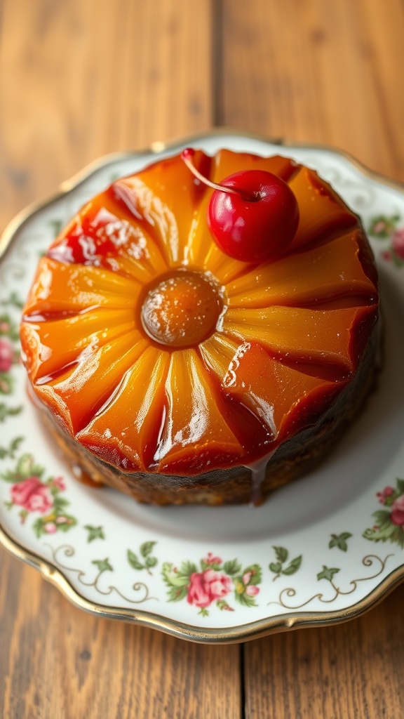 A beautifully arranged pineapple upside down cake with caramelized pineapple slices and a cherry on top, displayed on a floral plate.
