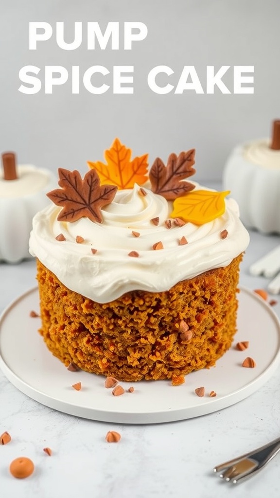 A pumpkin spice cake topped with cream cheese frosting and decorated with autumn leaves.