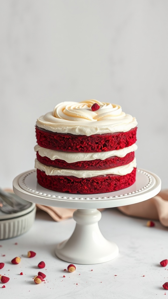 A beautifully layered red velvet cake with cream cheese frosting on a white cake stand, adorned with decorative elements.