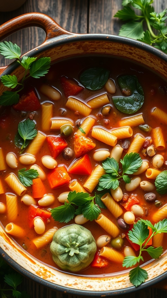 A vibrant pot of spring vegetable minestrone soup with colorful vegetables and pasta.