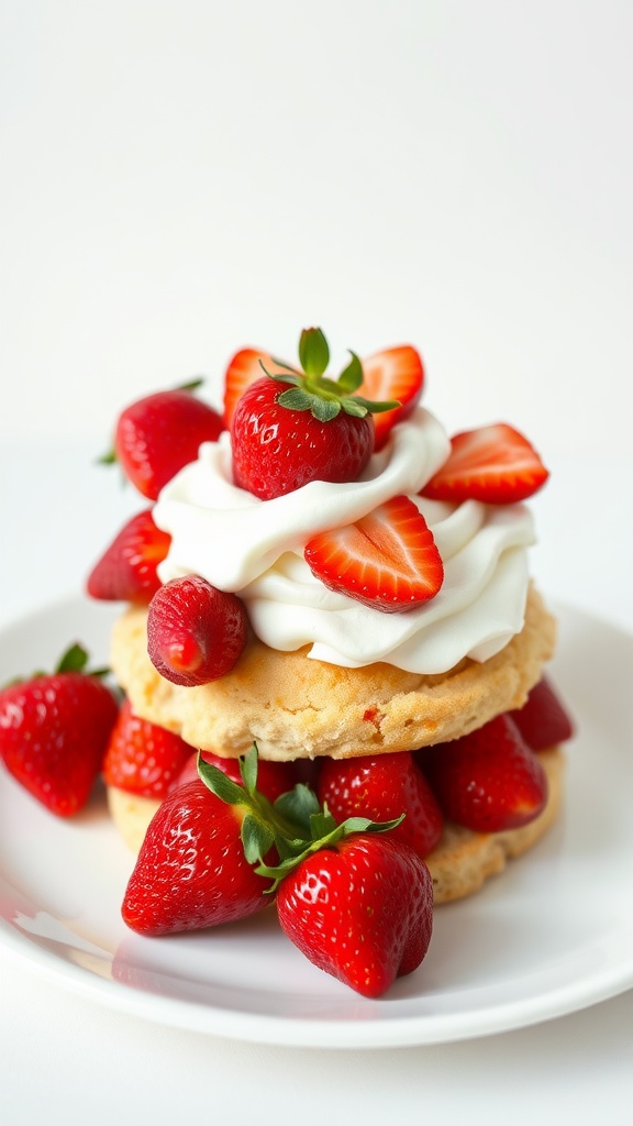 A plate of strawberry shortcake topped with whipped cream and fresh strawberries