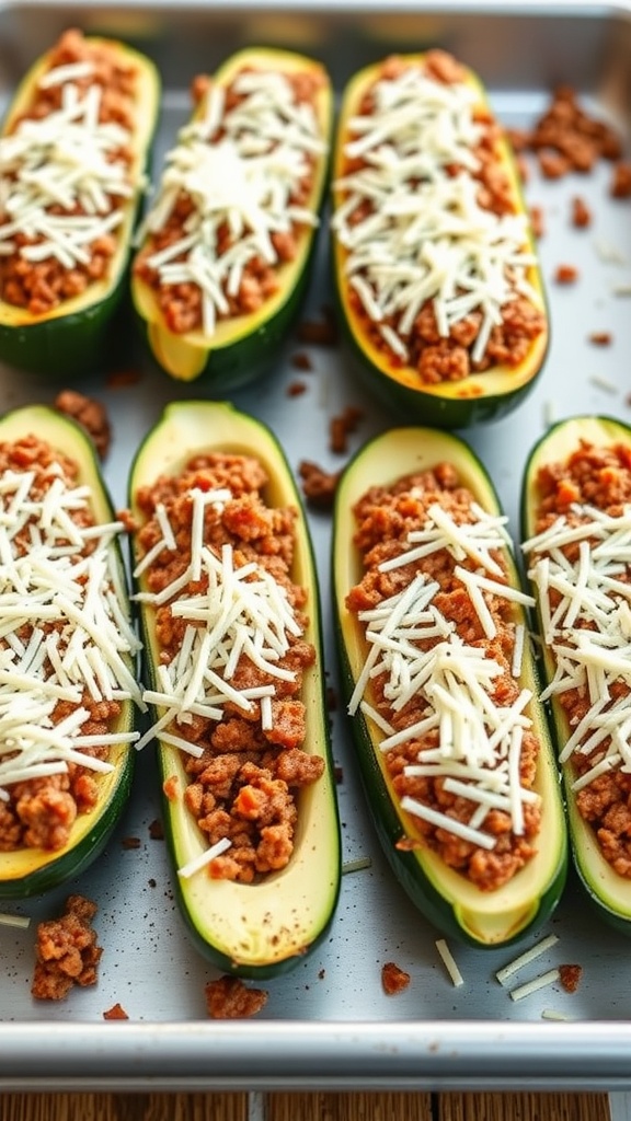 Stuffed zucchini boats filled with a savory mixture and topped with cheese
