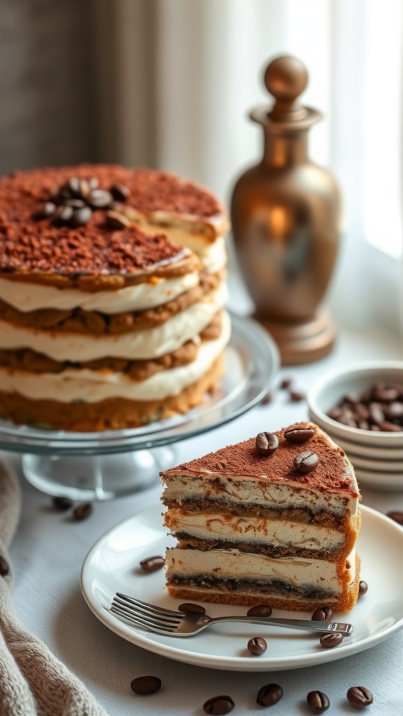 A layered tiramisu cake with coffee flavors, served on a plate with a slice cut out, showcasing the creamy layers and topped with cocoa powder and coffee beans.