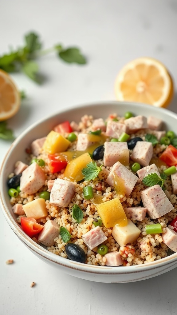 A colorful bowl of tuna quinoa salad with lemon vinaigrette, featuring diced tuna, mango, cherry tomatoes, and olives.