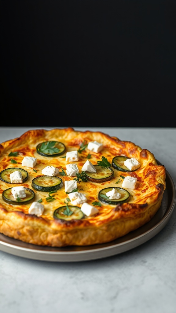 A delicious zucchini and feta frittata with slices of zucchini and cubes of feta cheese