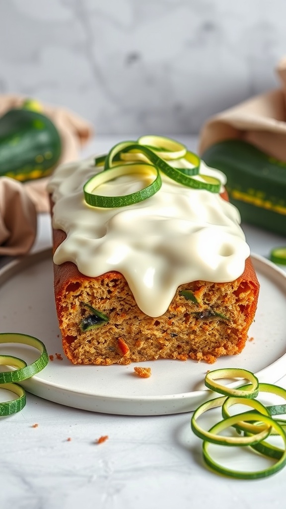 A moist zucchini bread cake topped with creamy icing and garnished with green zucchini curls.