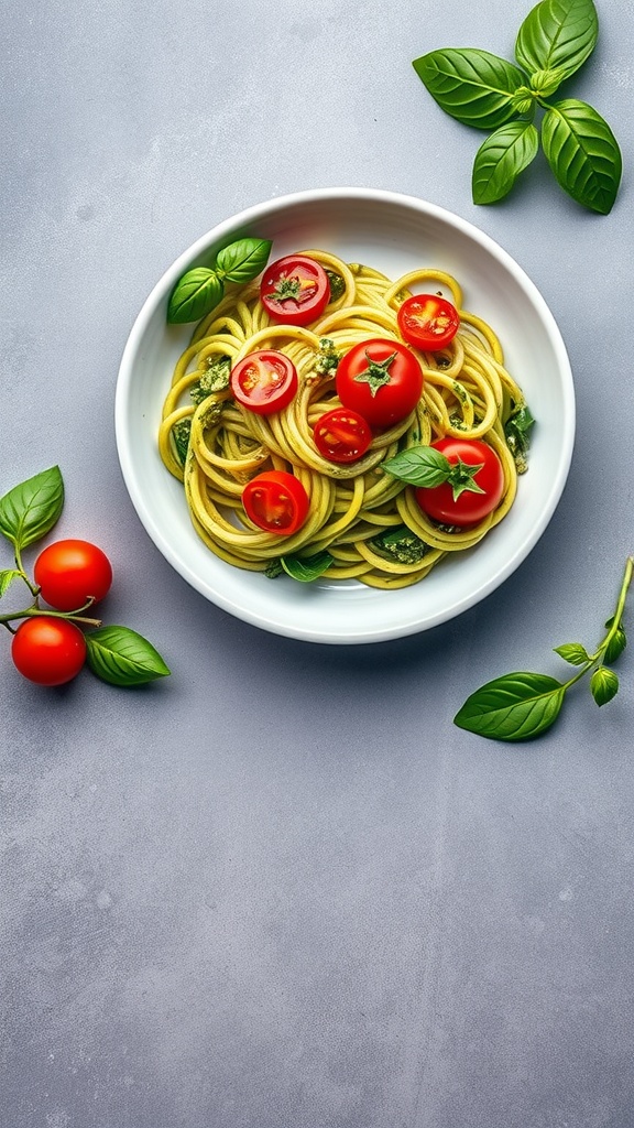 A bowl of zucchini noodles with pesto, topped with cherry tomatoes and fresh basil.