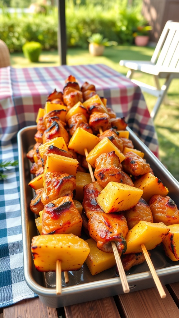 BBQ chicken and pineapple skewers on a serving tray with a checkered tablecloth