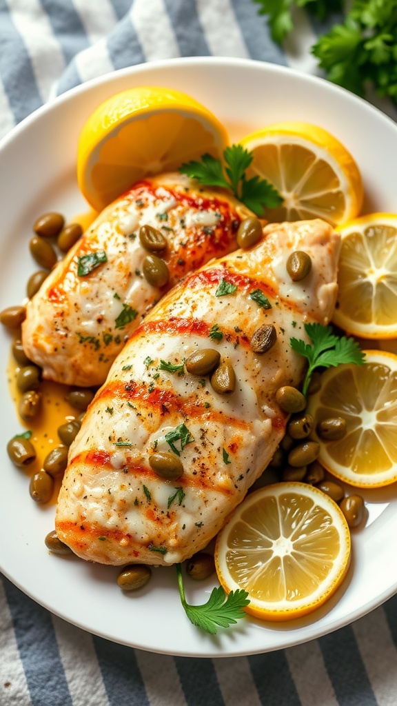 A plate of Chicken Piccata garnished with capers and lemon slices.