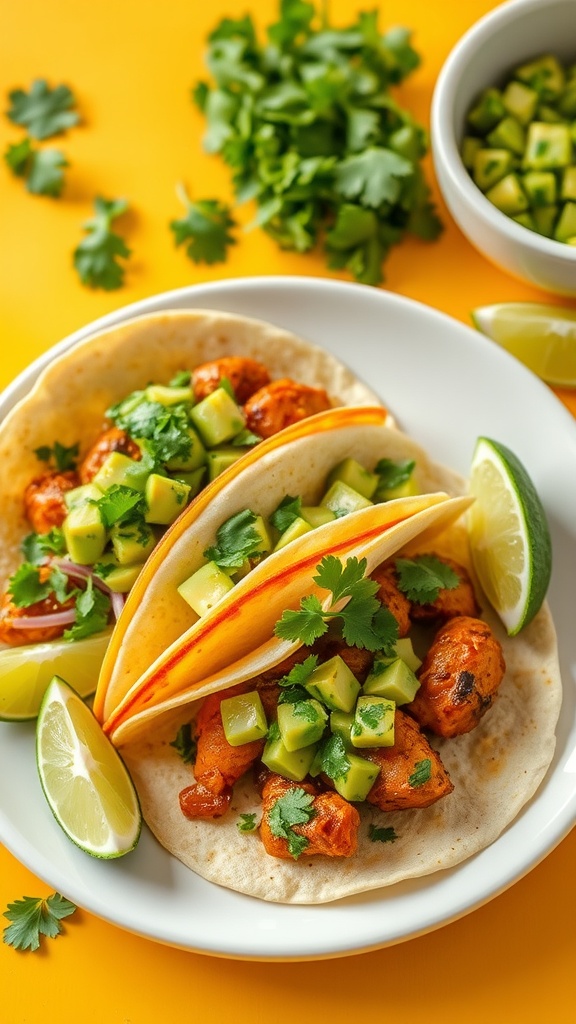 Delicious chicken tacos with avocado salsa on a plate.