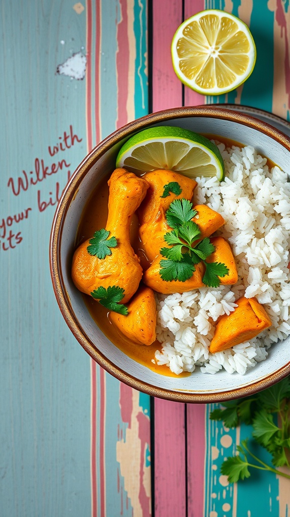 Bowl of Coconut Curry Chicken with rice, garnished with lime and cilantro.