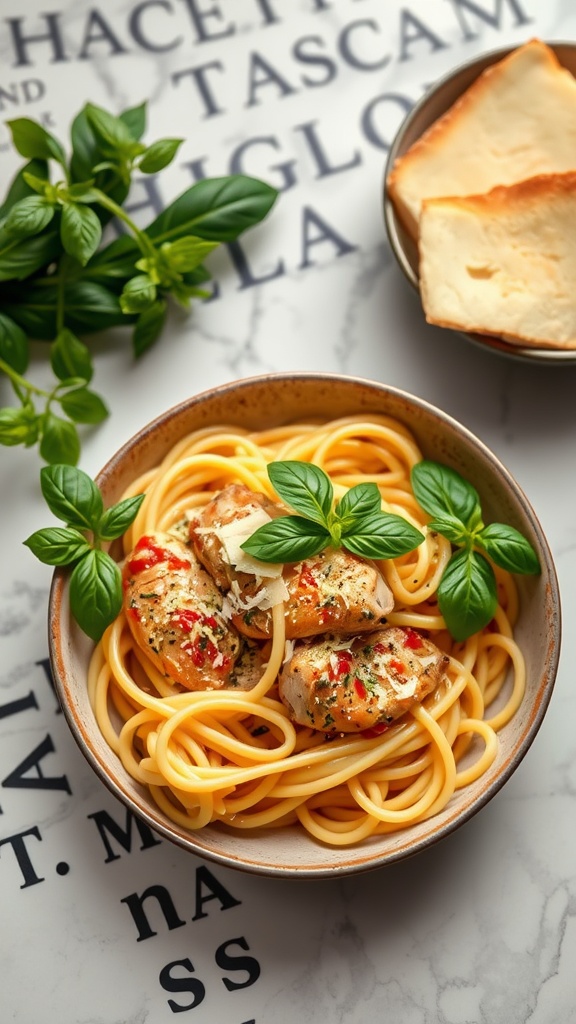 A bowl of creamy Tuscan chicken pasta garnished with basil and cheese.