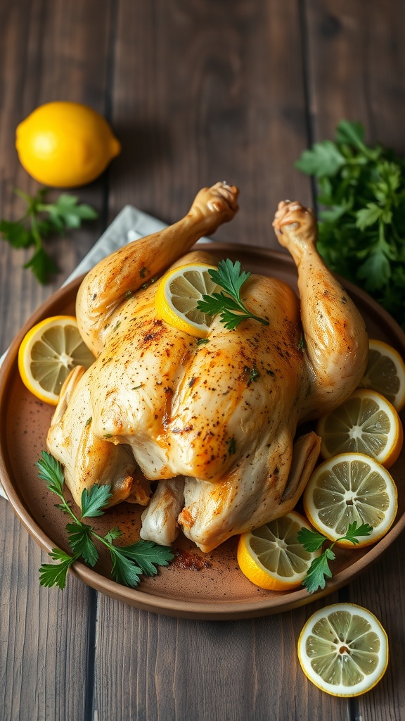 A beautifully roasted chicken garnished with lemon slices and herbs, placed on a wooden table.