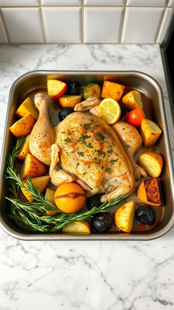 A roasted chicken surrounded by colorful vegetables and herbs in a metal pan.