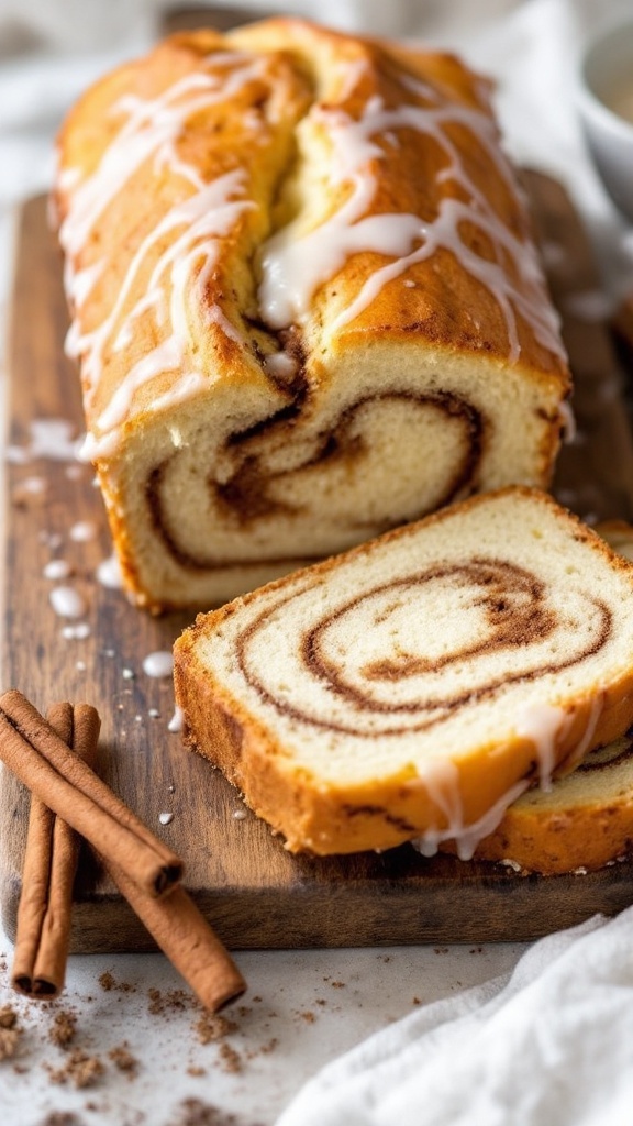 A loaf of cinnamon swirl bread with a golden crust and cinnamon filling, served on a wooden board with slices cut.