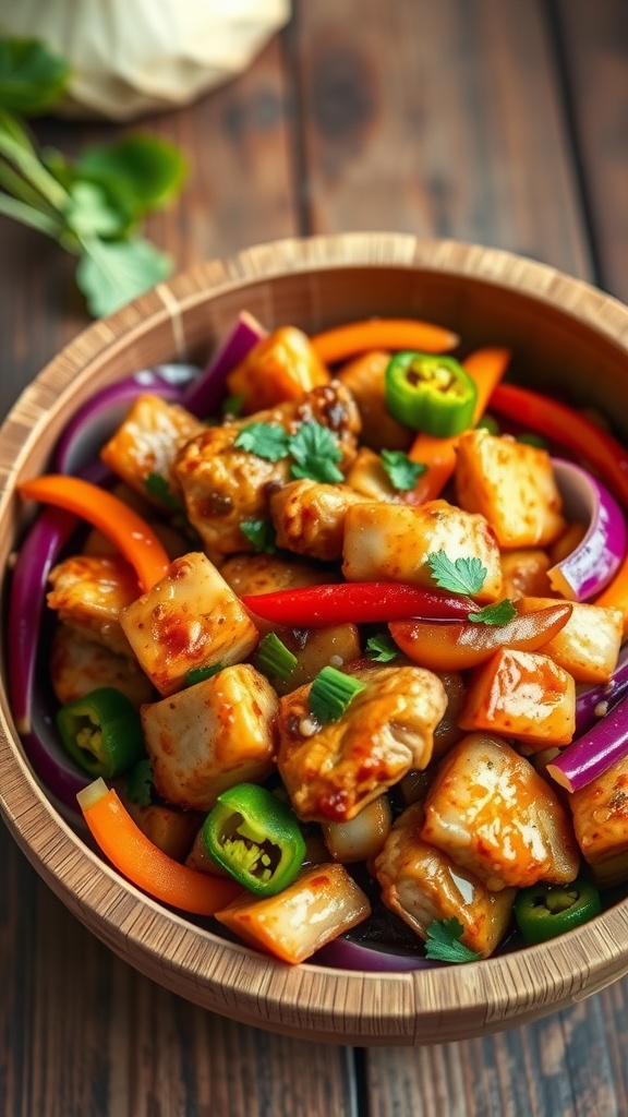 A colorful bowl of spicy honey garlic chicken stir-fry with peppers and green onions.