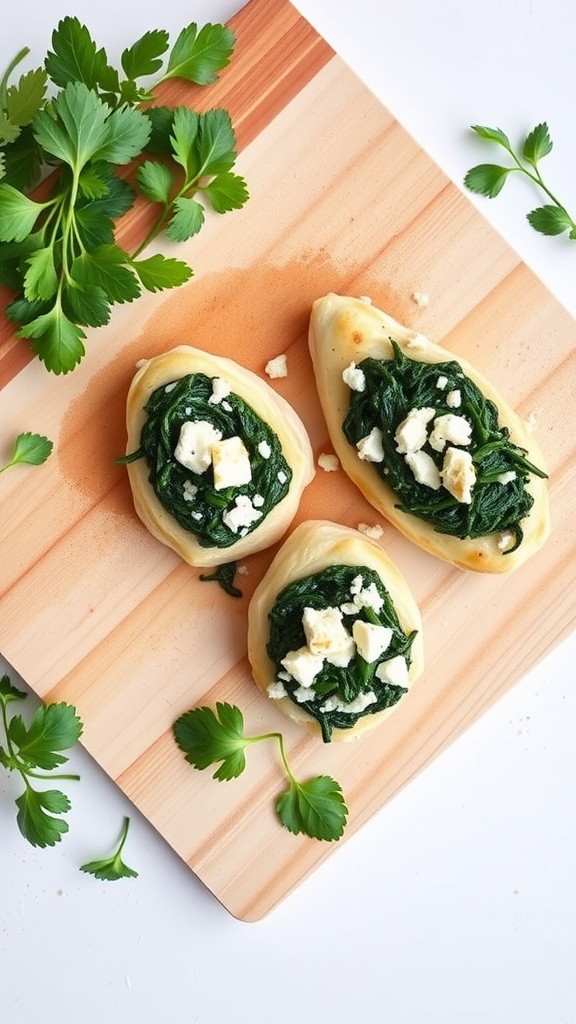 Stuffed chicken breasts with spinach and feta on a wooden cutting board