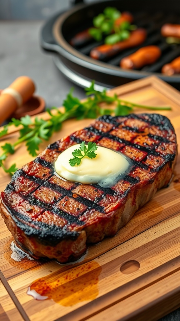 Grilled Ribeye Steak with Garlic Butter –