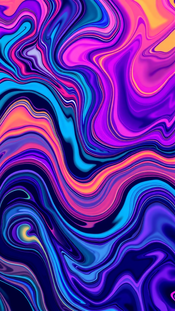 An abstract fluid art piece featuring swirls of purple, blue, and orange colors.