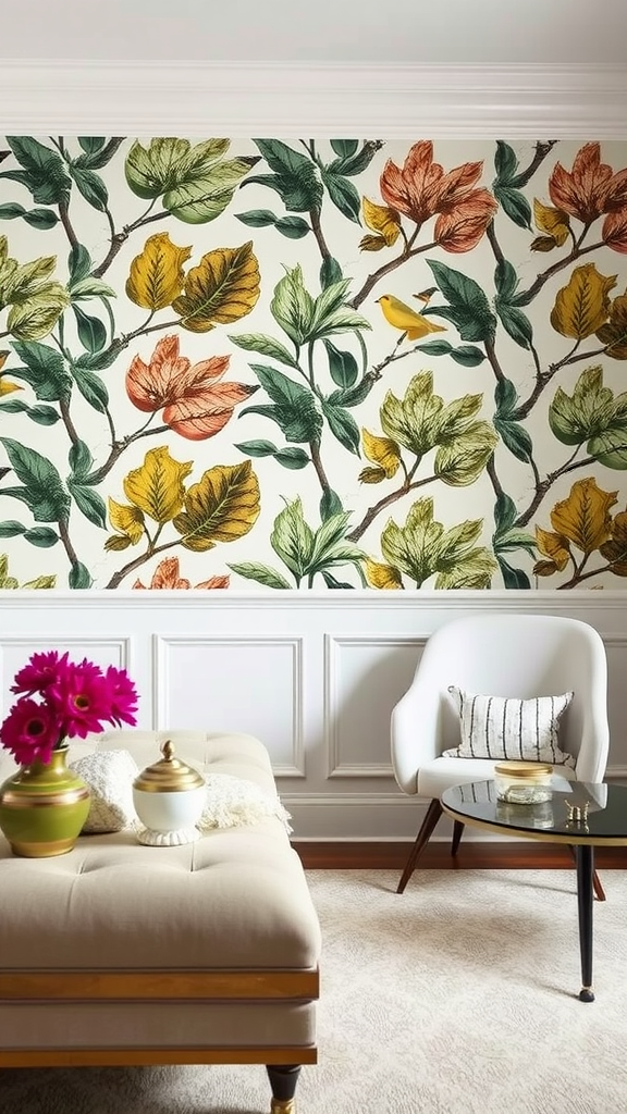 A living room featuring a colorful botanical accent wall with leaves and a bird.