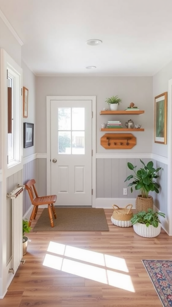 Bright and inviting entryway with a door, chair, shelves, plants, and natural light