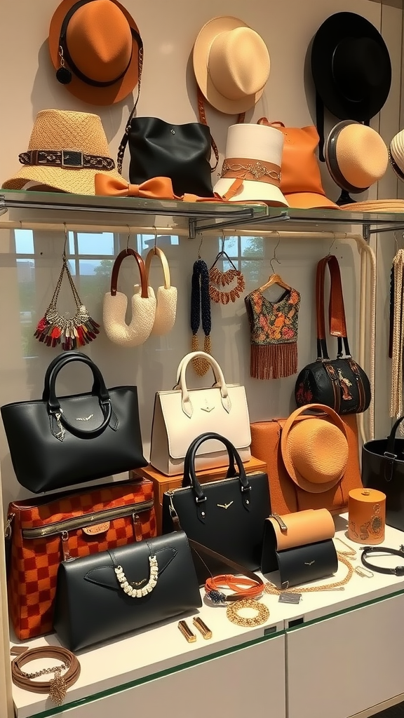A variety of stylish hats, bags, and jewelry displayed on shelves.