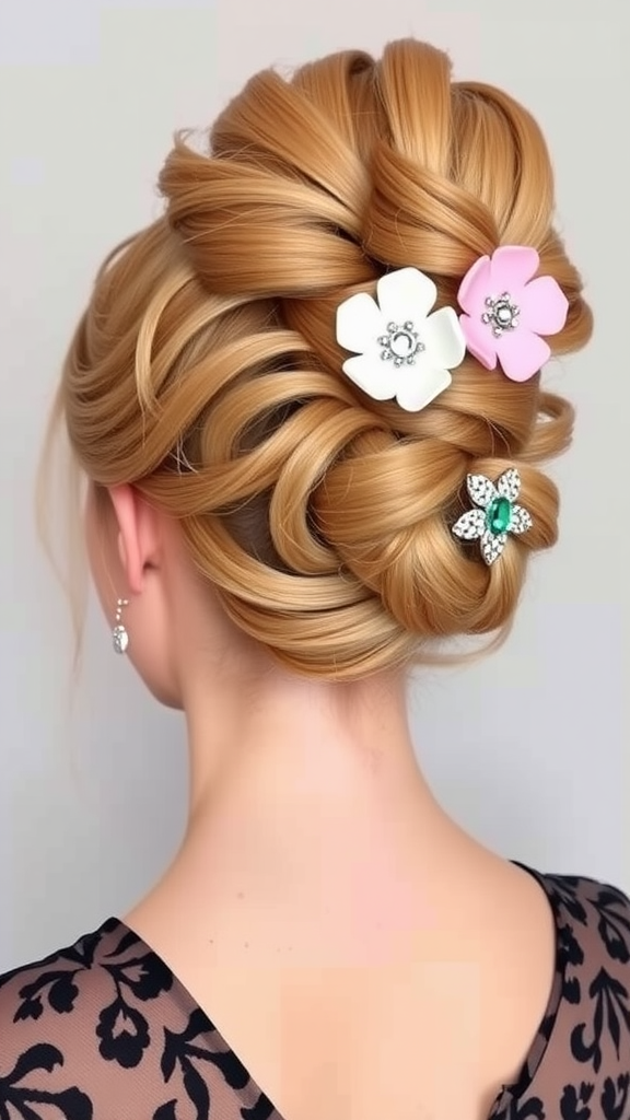 A close-up of an elegant beehive hairstyle adorned with floral clips and a jeweled accessory.