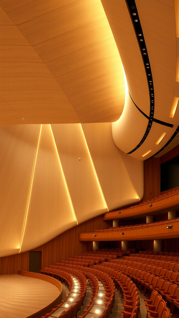 Interior view of a modern opera house with wooden acoustic panels and warm lighting