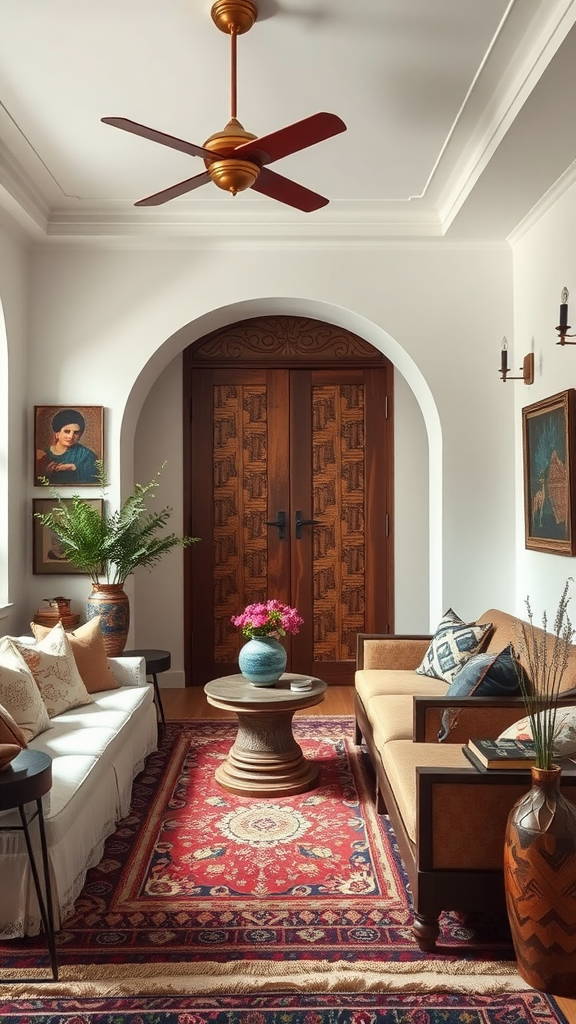 A cozy living room featuring ornate wooden doors, traditional art, and a richly patterned rug.
