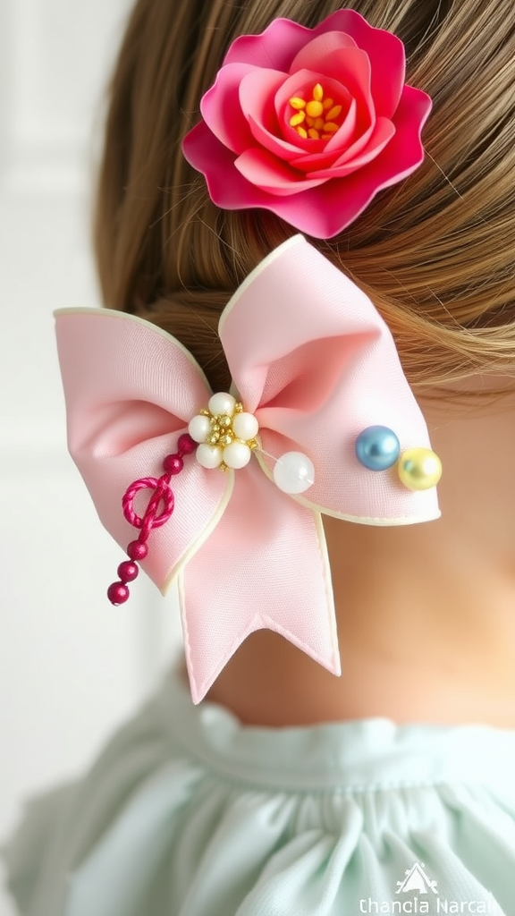 Close-up of a hairstyle featuring a pink bow and a flower accessory.