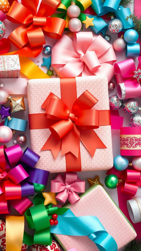 A vibrant assortment of wrapped gifts and colorful ribbons.