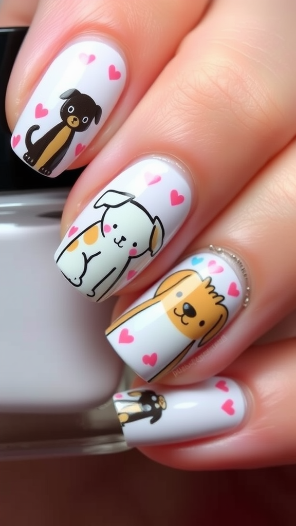 Nail art featuring cute cartoon dogs and hearts.