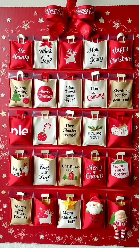 A colorful advent calendar with festive greetings, decorated with bows and holiday themes.