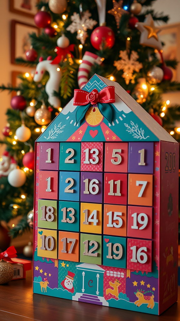 A colorful advent calendar in the shape of a house, placed in front of a decorated Christmas tree.