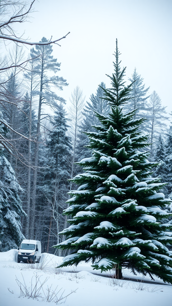 A snowy landscape featuring a tall Christmas tree with a snowy background.