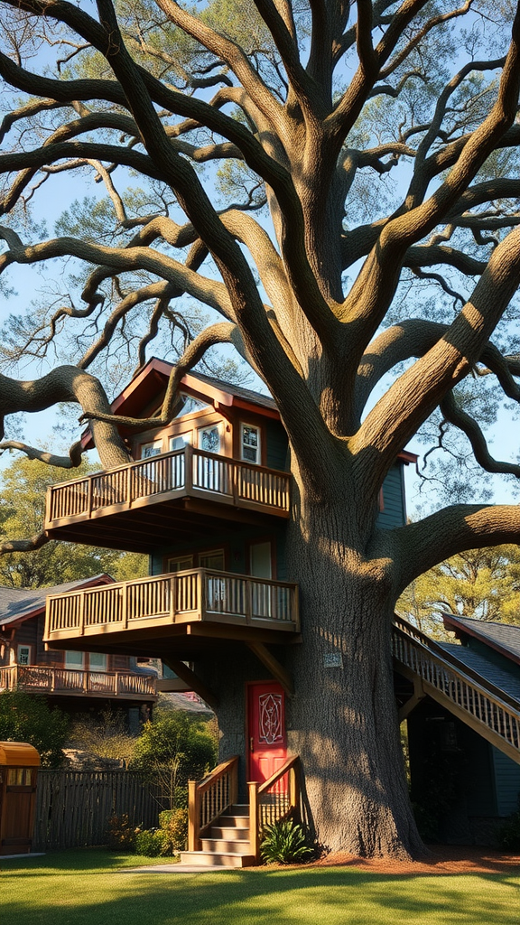 A beautiful treehouse built in a large tree with expansive branches and a red front door.