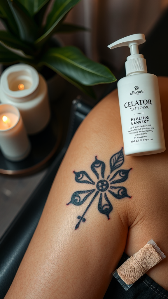 A close-up view of a healing tattoo on the skin, accompanied by a bottle of healing cream and a bandage.