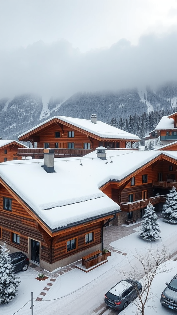 A scenic view of alpine ski chalets covered in snow.