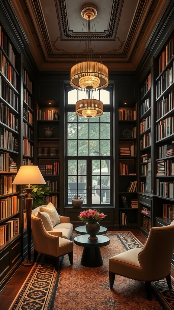 A cozy home library featuring elegant chandeliers, a floor lamp, and bookshelves filled with books.