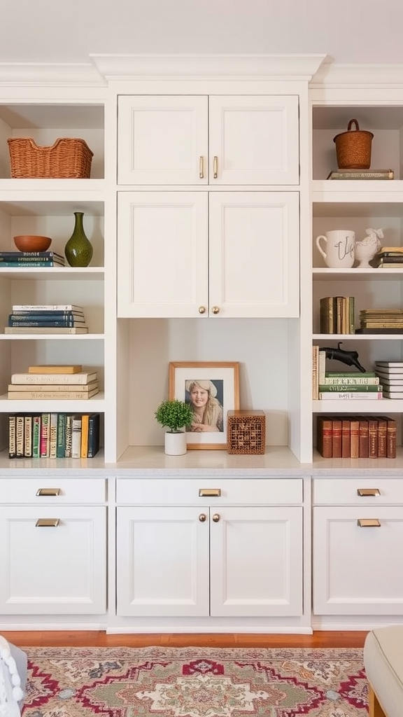 A stylish storage unit with open shelves and closed cabinets, showcasing books, decorative items, and small plants.