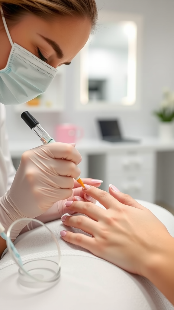A nail technician applying Shellac on a client's natural nails.