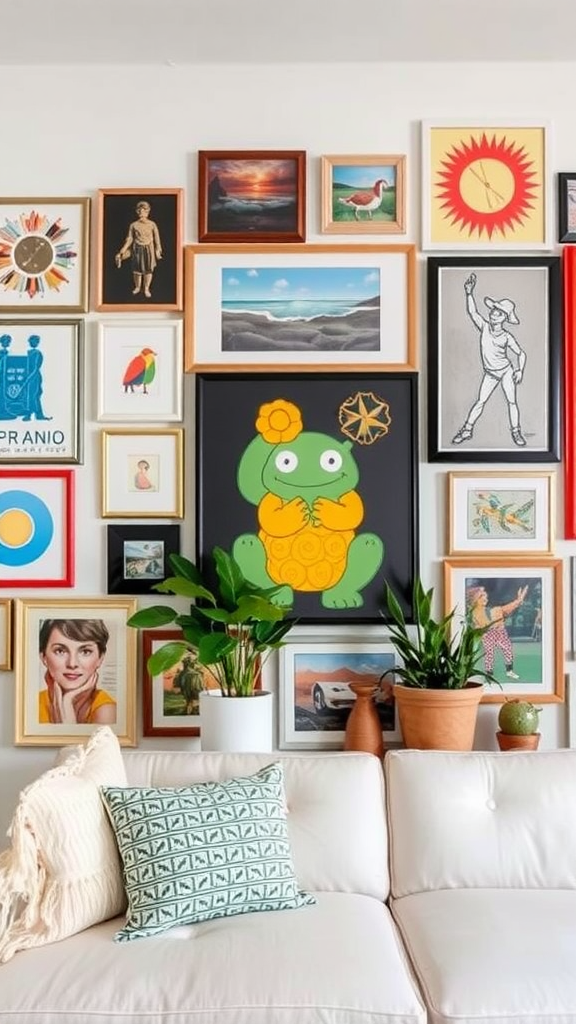 A colorful wall display featuring various framed artworks and plants next to a cream-colored couch with decorative cushions.
