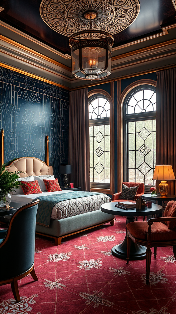 A beautifully decorated Art Deco styled room featuring blue walls, a decorative ceiling, and elegant furniture.