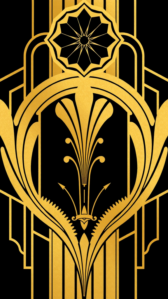 A bold Art Deco design featuring gold patterns on a black background.