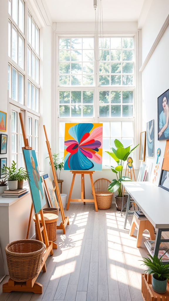 Bright art studio with large windows and colorful paintings